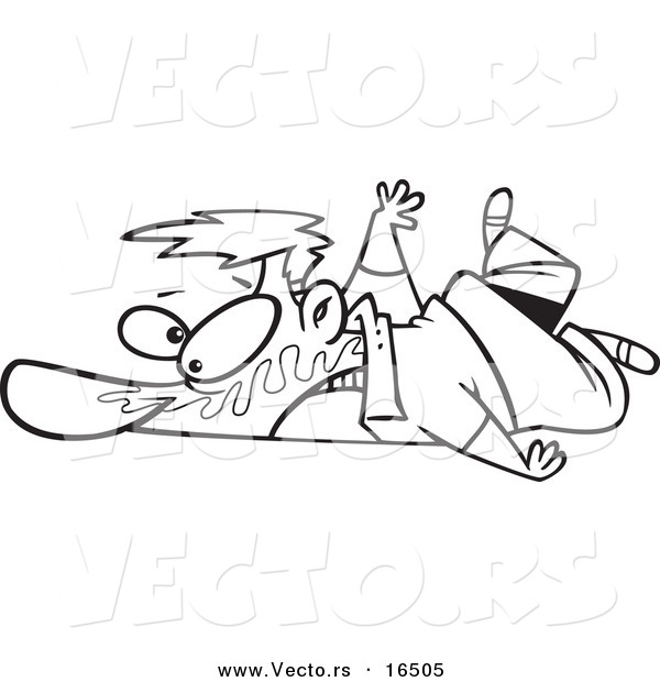 Vector of a Cartoon Man Collapsed on the Ground with Bubble Gum in His Face - Outlined Coloring Page Drawing