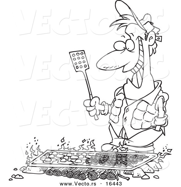 Vector of a Cartoon Man Cooking on a Griddle over a Camp Fire - Outlined Coloring Page Drawing