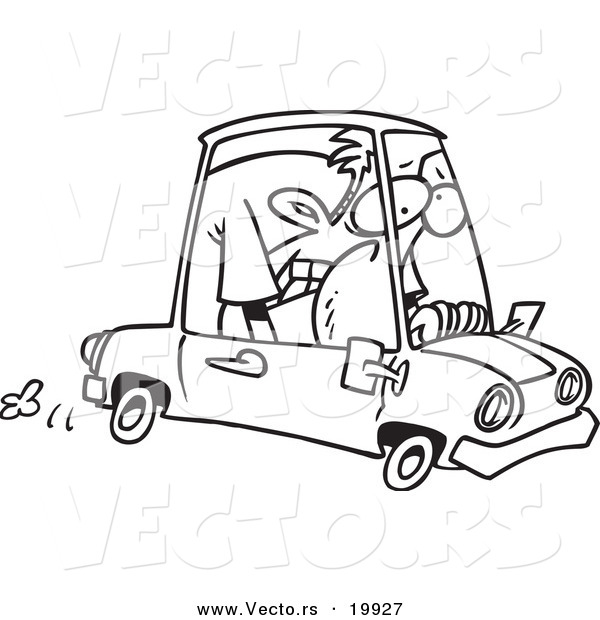 Vector of a Cartoon Man Cramped into His Mini Car - Outlined Coloring Page