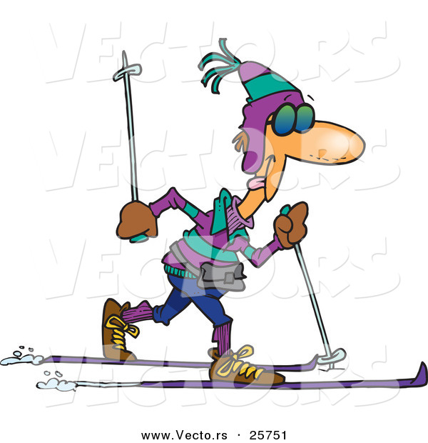 Vector of a Cartoon Man Cross Country Skiing Across Snow