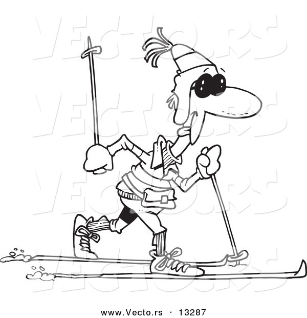 Vector of a Cartoon Man Cross Country Skiing - Coloring Page Outline