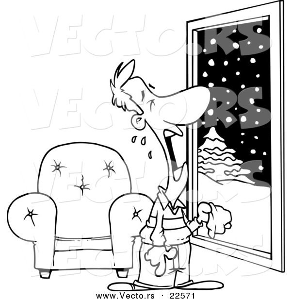 Vector of a Cartoon Man Crying at a Snowy Window - Coloring Page Outline