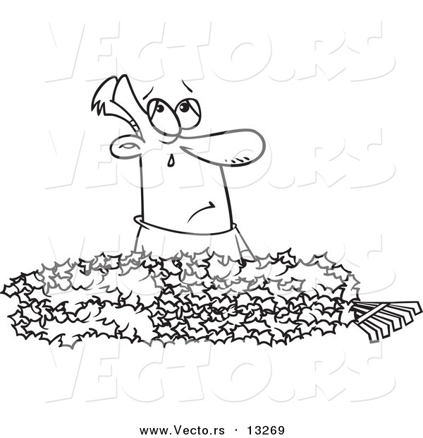 Vector of a Cartoon Man Crying in a Pile of Autumn Leaves - Coloring Page Outline