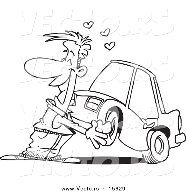 Vector of a Cartoon Man Cuddling with His Car - Coloring Page Outline