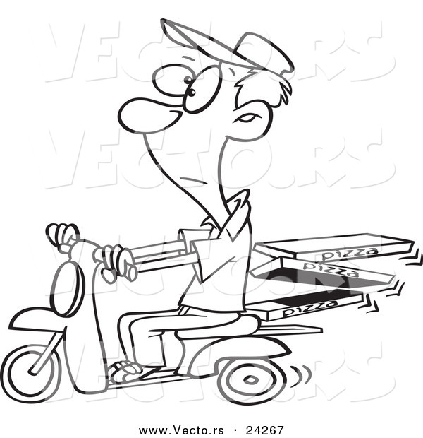 Vector of a Cartoon Man Delivering Pizza on a Scooter - Outlined Coloring Page