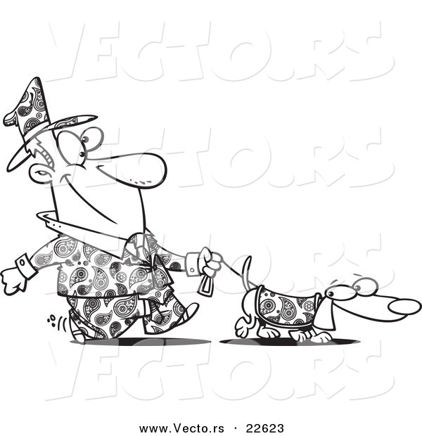 Vector of a Cartoon Man Dressed in Paisley, Walking His Wiener Dog - Coloring Page Outline