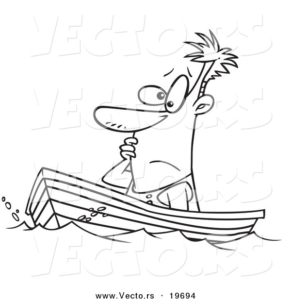 Vector of a Cartoon Man Drifting in a Boat - Outlined Coloring Page