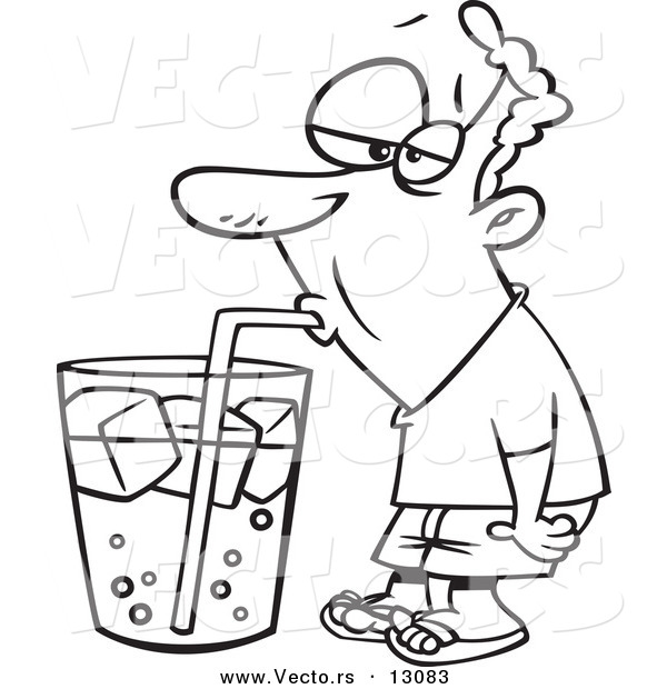 Vector of a Cartoon Man Drinking from a Giant Soda Cup - Outlined Coloring Page