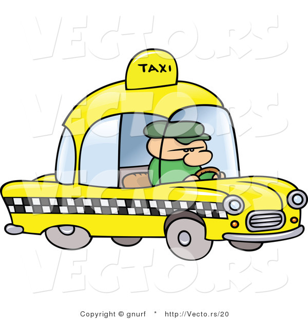 Vector of a Cartoon Man Driving a Yellow Taxi Cab