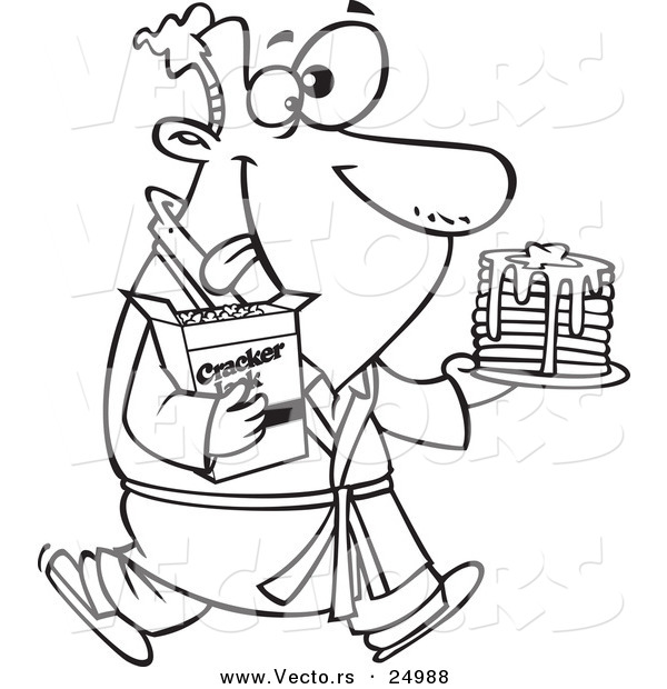 Vector of a Cartoon Man Eating Pancakes and Cracker Jacks for a Midnight Snack - Outlined Coloring Page