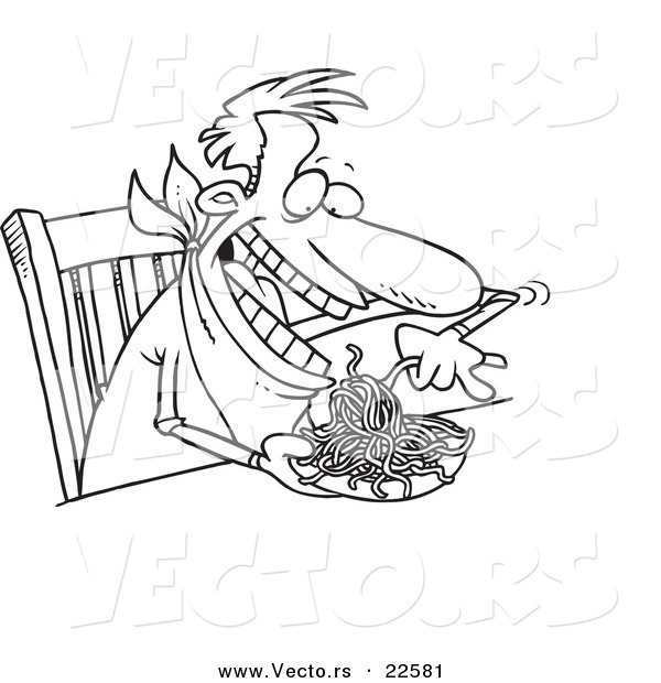 Vector of a Cartoon Man Eating Spaghetti at a Table - Coloring Page Outline