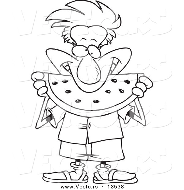 Vector of a Cartoon Man Eating Watermelon - Coloring Page Outline