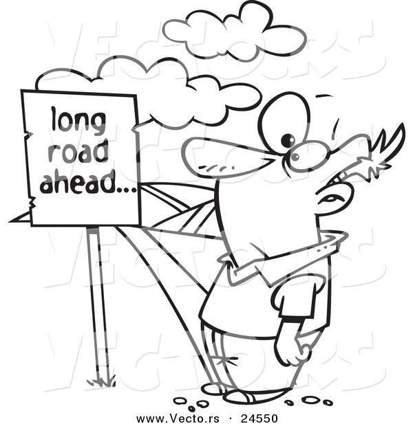 Vector of a Cartoon Man Facing a Long Road Ahead Sign and a Hilly Path - Outlined Coloring Page