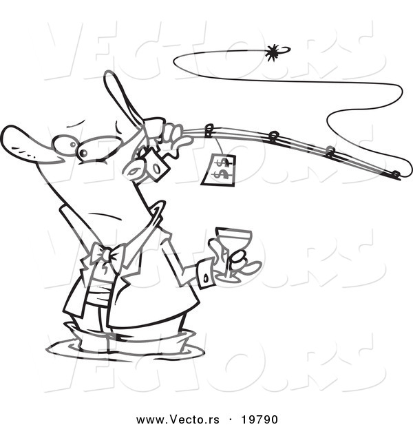 Vector of a Cartoon Man Fancy Fishing with Wine - Outlined Coloring Page
