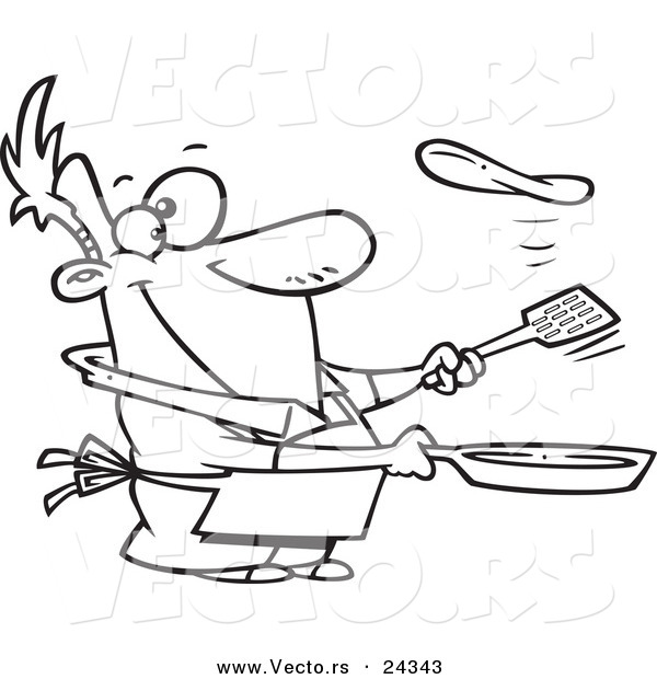 Vector of a Cartoon Man Flipping a Flapjack - Outlined Coloring Page