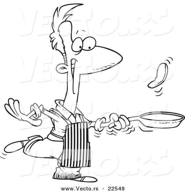 Vector of a Cartoon Man Flipping Pancakes - Coloring Page Outline