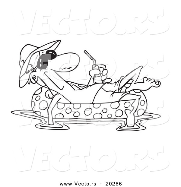 Vector of a Cartoon Man Floating in an Inner Tube with a Beverage - Coloring Page Outline