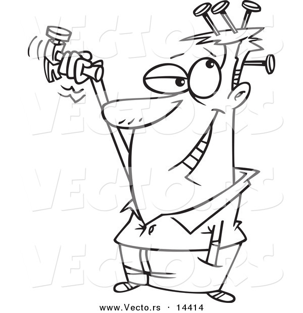 Vector of a Cartoon Man Hammering Nails in His Head - Coloring Page Outline