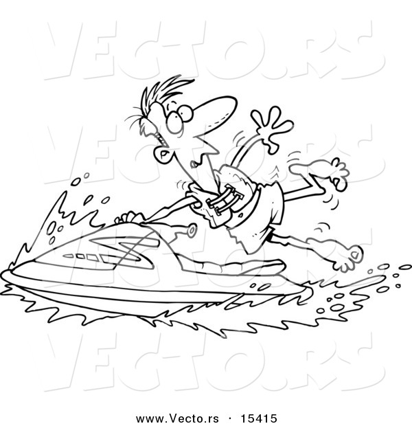 Vector of a Cartoon Man Hanging onto a Jetski - Coloring Page Outline