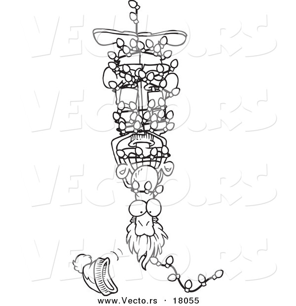 Vector of a Cartoon Man Hanging Upside down and Tangled in Christmas Lights - Outlined Coloring Page