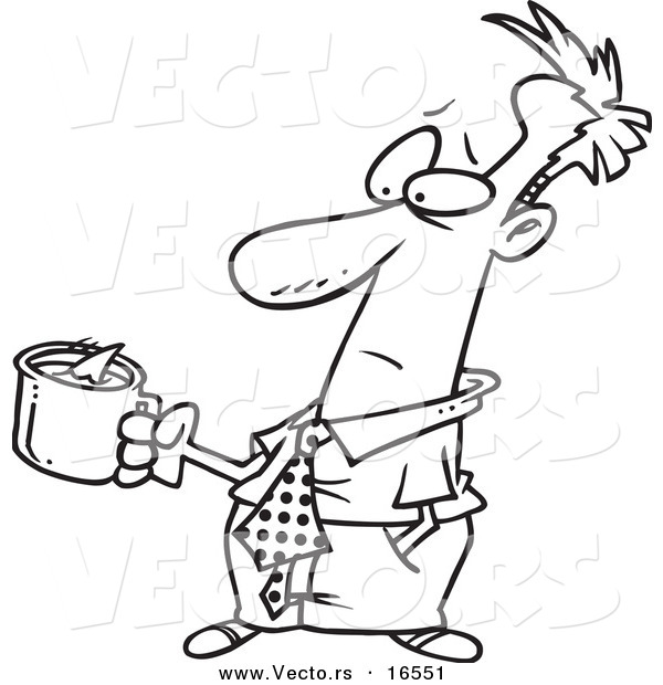 Vector of a Cartoon Man Holding a Bad Cup of Coffee with a Swimming Shark - Outlined Coloring Page Drawing