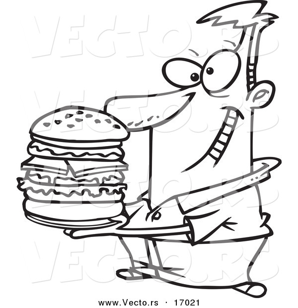 Vector of a Cartoon Man Holding a Big Burger - Coloring Page Outline