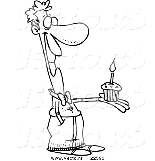 Vector of a Cartoon Man Holding a Birthday Cupcake - Coloring Page Outline