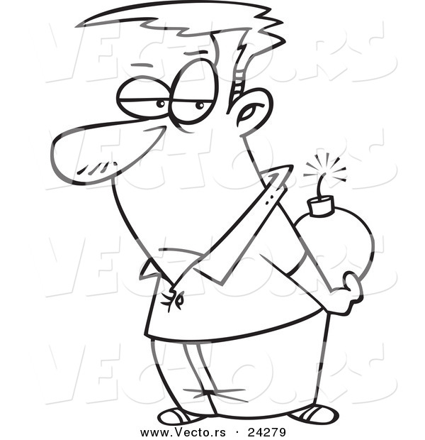 Vector of a Cartoon Man Holding a Bomb Behind His Back - Outlined Coloring Page