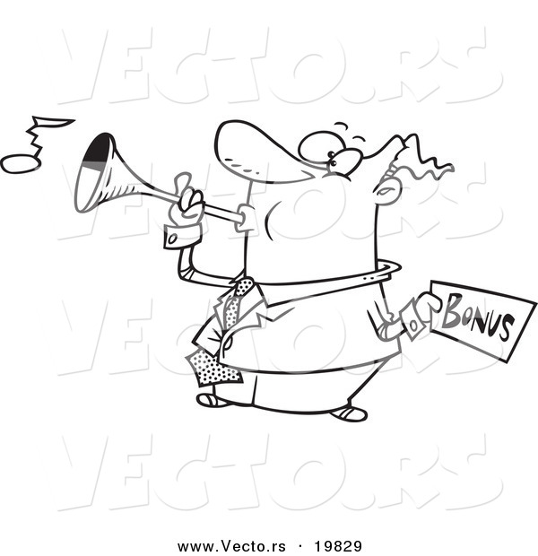 Vector of a Cartoon Man Holding a Bonus and Blowing a Horn - Outlined Coloring Page