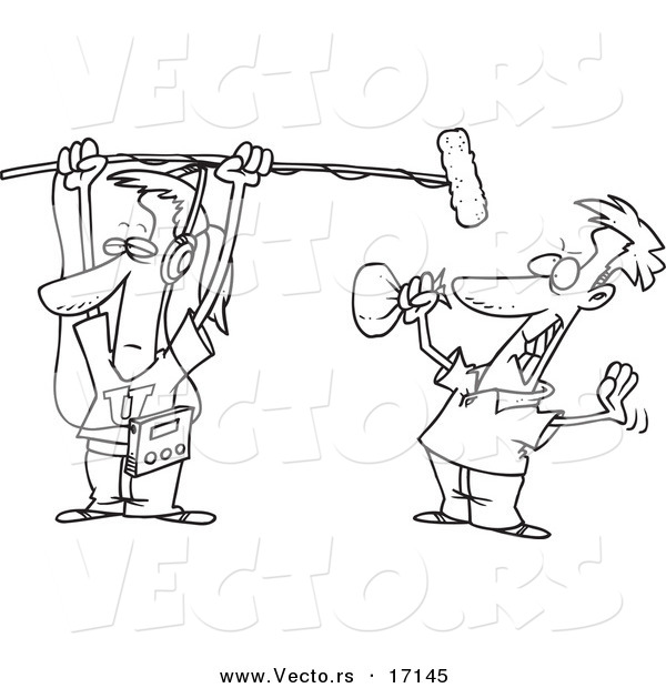 Vector of a Cartoon Man Holding a Boom Microphone over an Actor - Coloring Page Outline