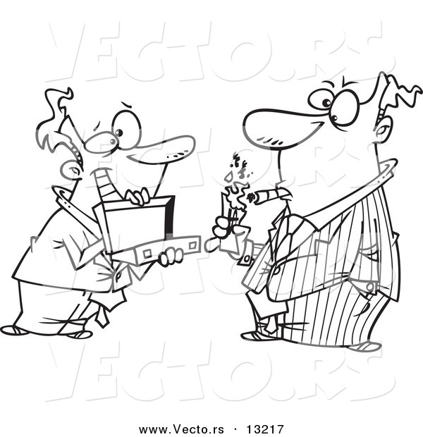 Vector of a Cartoon Man Holding a Briefcase Open for His Boss As He Lights a Cigar with Cash - Coloring Page Outline