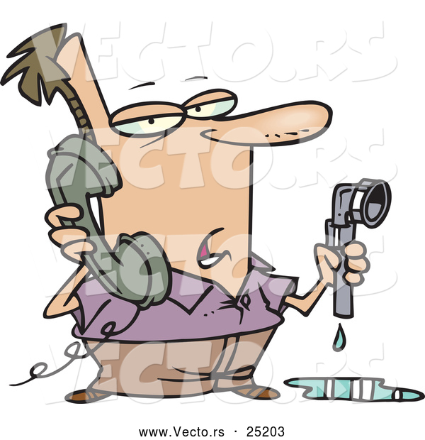 Vector of a Cartoon Man Holding a Broken Water Pipe While Calling a Plumber