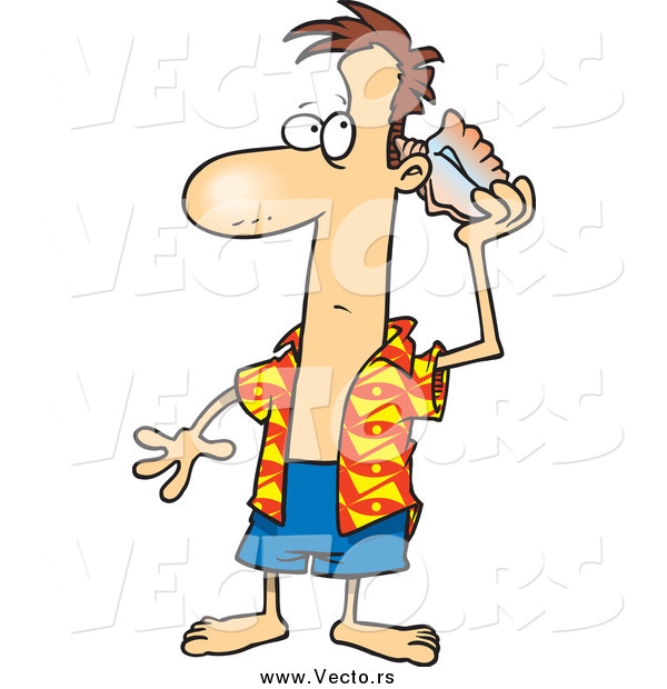 Vector of a Cartoon Man Holding a Conch Shell to His Ear
