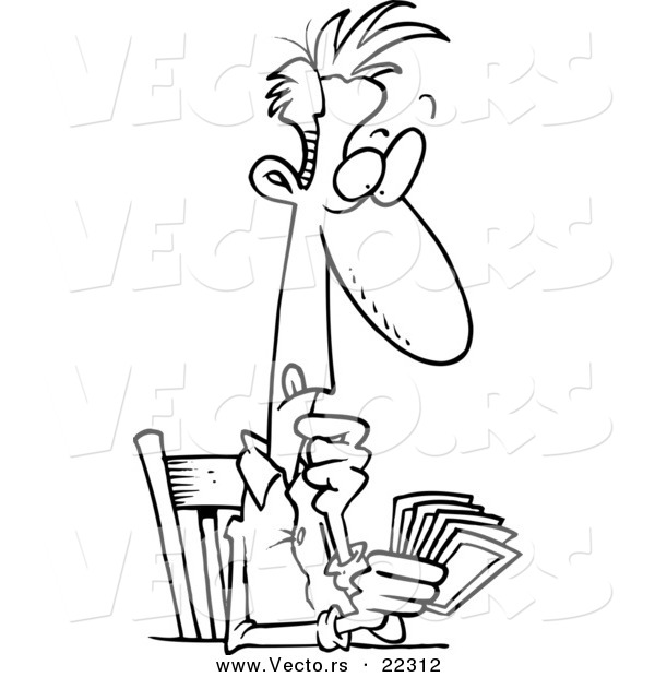 Vector of a Cartoon Man Holding a Hand of Cards - Coloring Page Outline