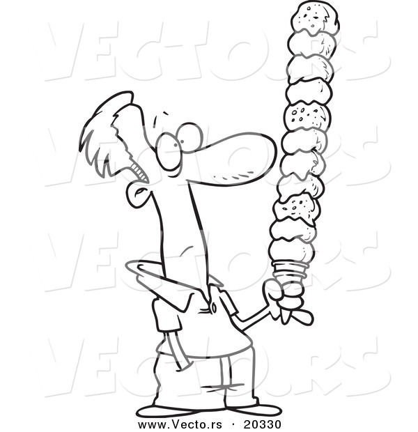 Vector of a Cartoon Man Holding a Huge Ice Cream Cone - Coloring Page Outline