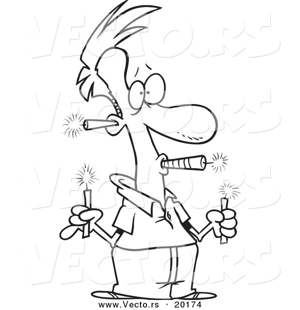 Vector of a Cartoon Man Holding a Lot of Fireworks - Outlined Coloring Page