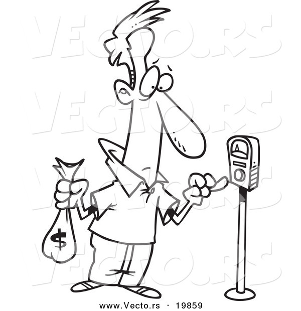 Vector of a Cartoon Man Holding a Money Bag and Paying a Parking Meter - Outlined Coloring Page