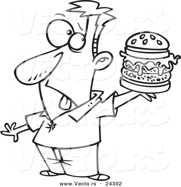 Vector of a Cartoon Man Holding a Reject Burger Black and White Outline - Outlined Coloring Page