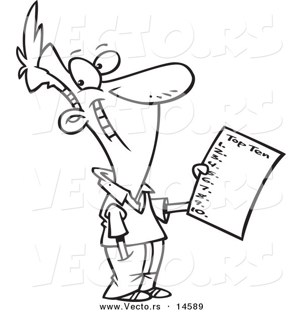 Vector of a Cartoon Man Holding a Top Ten List - Coloring Page Outline