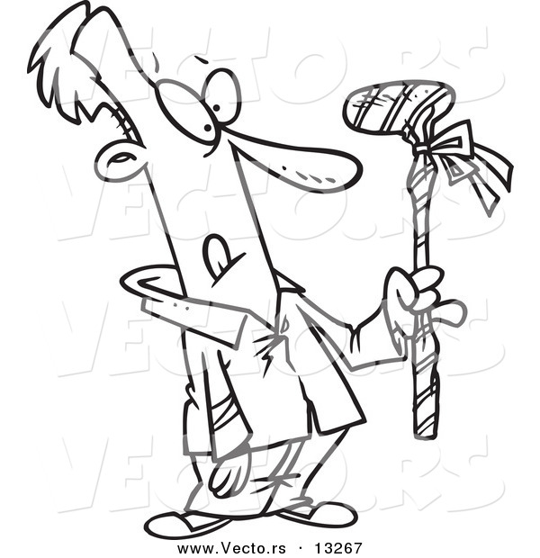 Vector of a Cartoon Man Holding a Wrapped Golf Club - Coloring Page Outline