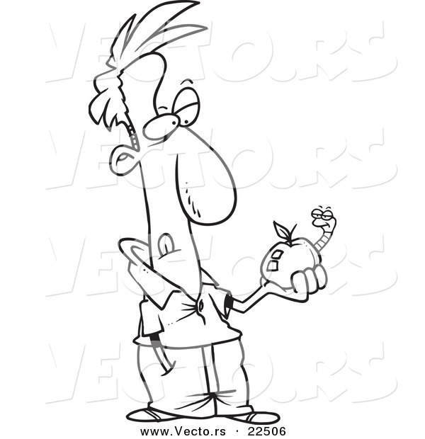 Vector of a Cartoon Man Holding an Apple with a Worm - Coloring Page Outline