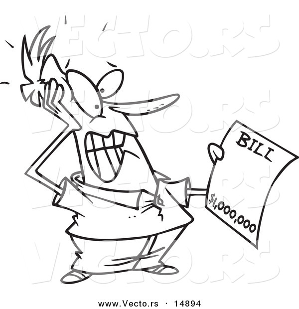 Vector of a Cartoon Man Holding an Extreme Billing Statement - Coloring Page Outline