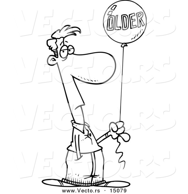 Vector of a Cartoon Man Holding an Older Birthday Balloon - Coloring Page Outline