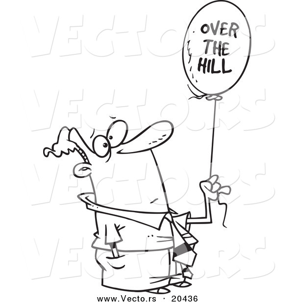 Vector of a Cartoon Man Holding an over the Hill Balloon - Coloring Page Outline