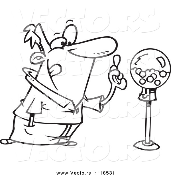 Vector of a Cartoon Man Holding Gum by a Gumball Machine - Outlined Coloring Page Drawing
