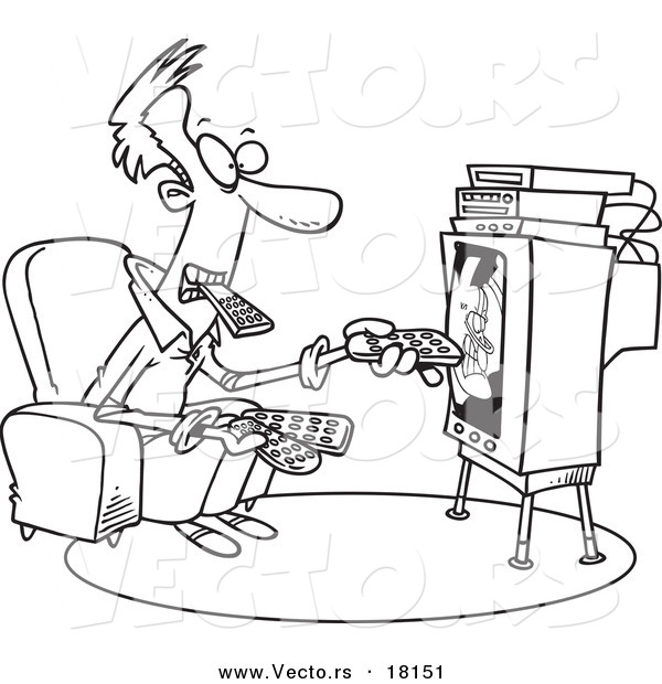 Vector of a Cartoon Man Holding Many Remotes and Watching Tv - Outlined Coloring Page