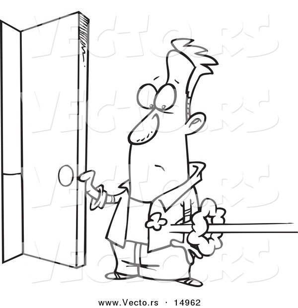 Vector of a Cartoon Man Holding Open a Door As Someone Shoots in - Coloring Page Outline