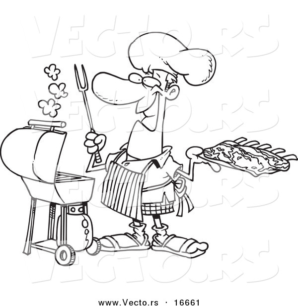 Vector of a Cartoon Man Holding Ribs by His Bbq - Outlined Coloring Page Drawing