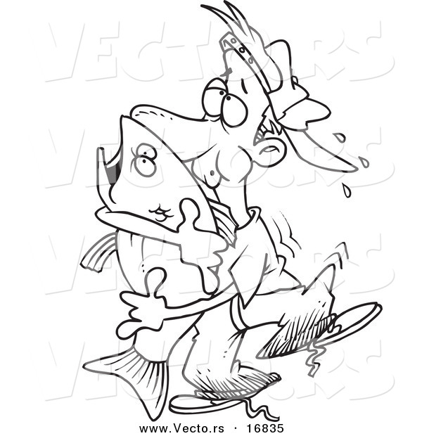 Vector of a Cartoon Man Hugging a Bass Fish - Coloring Page Outline