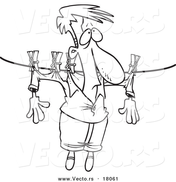 Vector of a Cartoon Man Hung out to Dry on a Clothes Line - Outlined Coloring Page